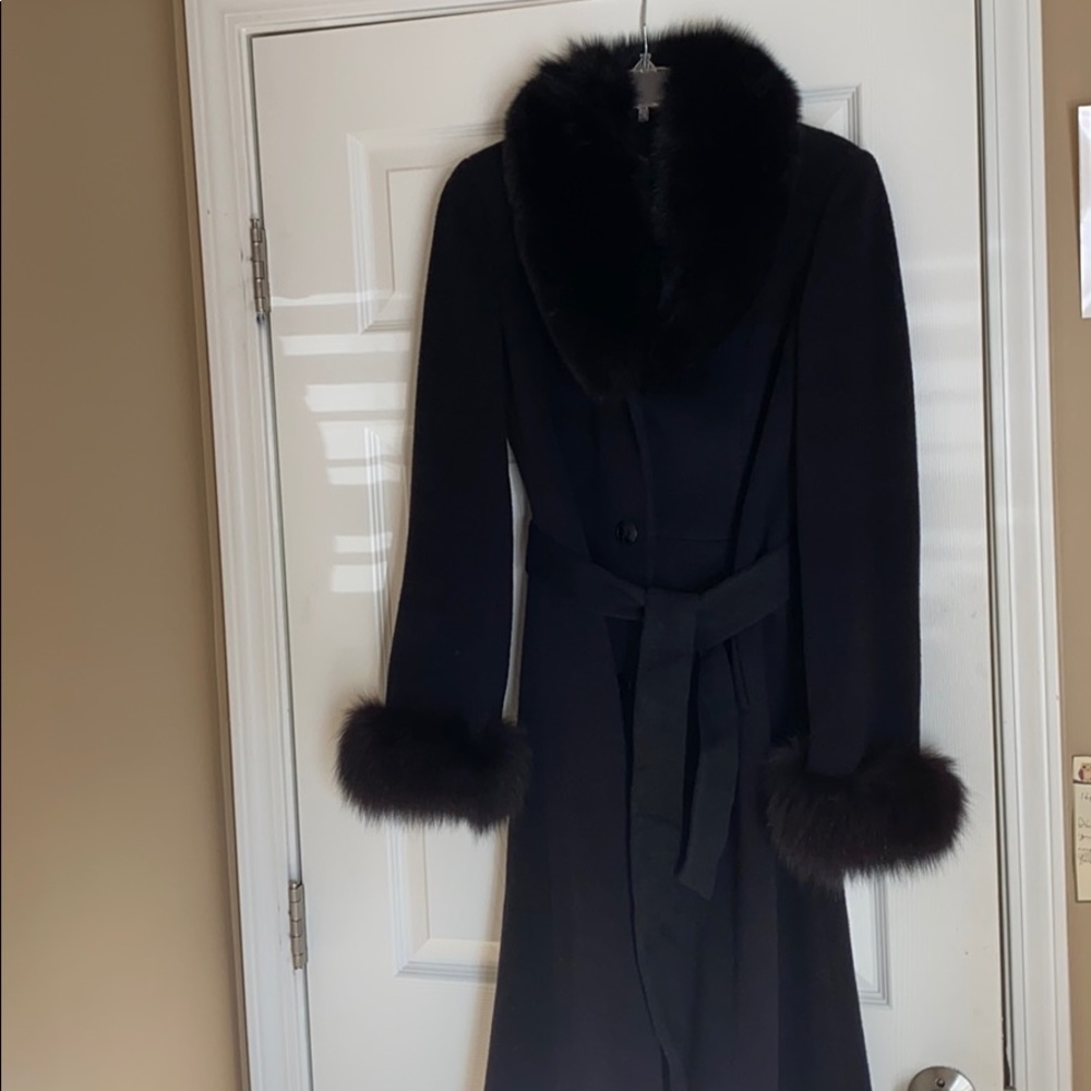 Three Quarter Length Wool Coat with Fox Accents